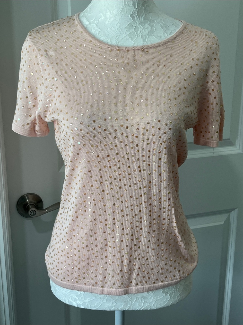 Oscar de la Renta VTG Blush Pink Knit 100 Silk Hand done Sequins Gorgeous!